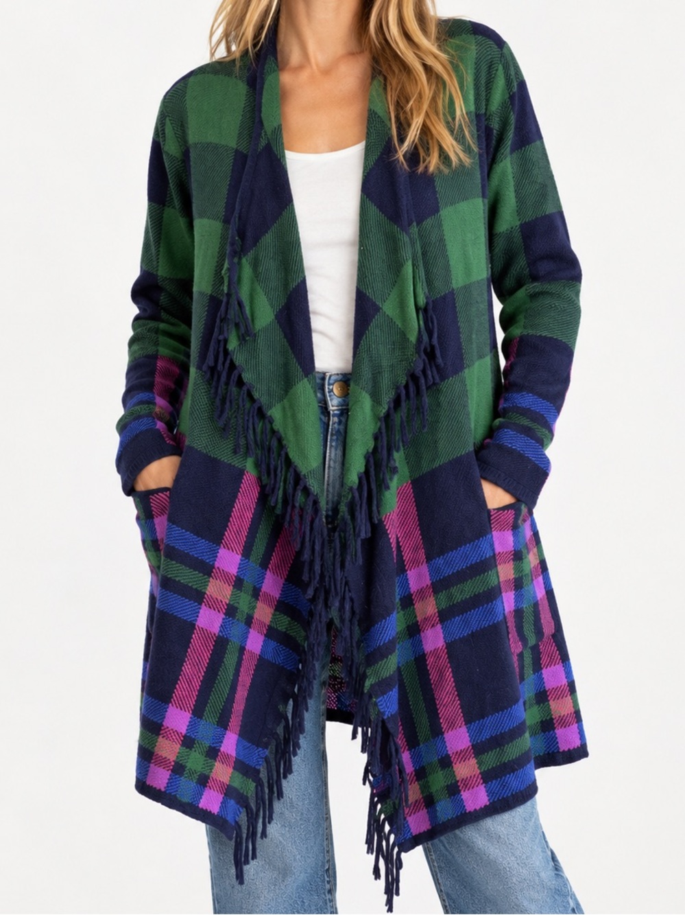 Isaac Mizrahi Live Green Navy Pink Plaid Fringe Open Front Cardigan Size M